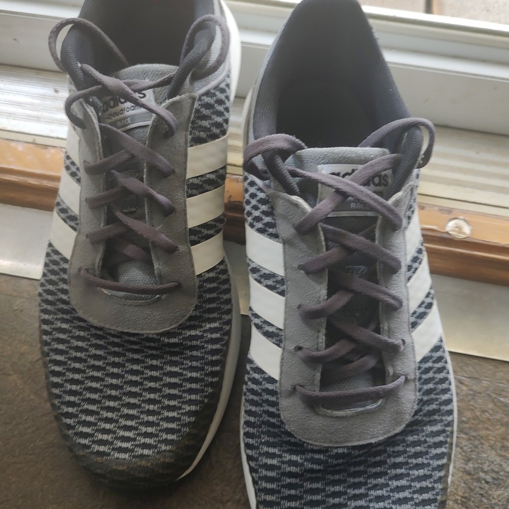 Adidas Cloudfoam Race Mens Grey Black Knit Athletic Running Shoes Sneakers
